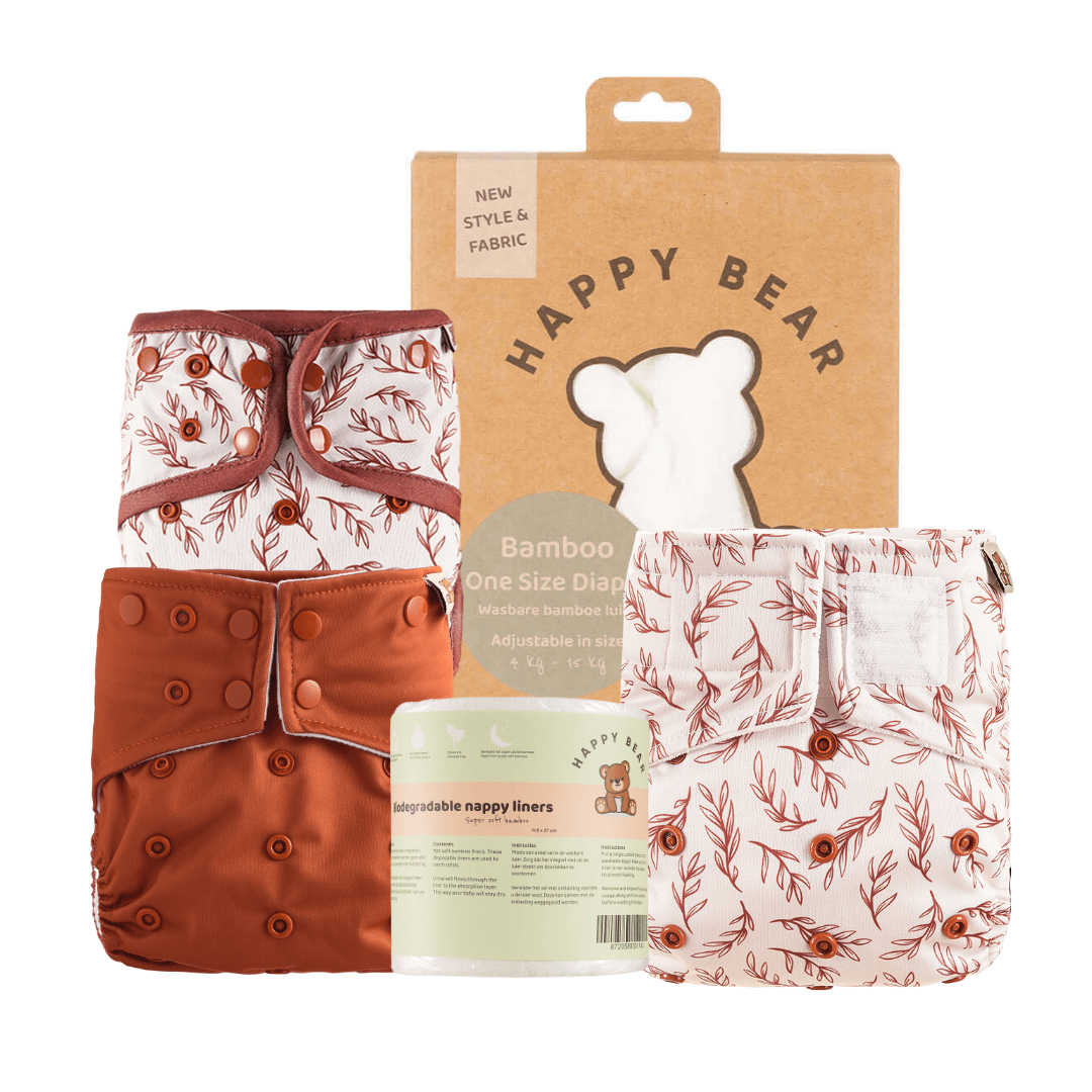 HappyBear Probeerpakket wasbare luiers met herbruikbare stoffen luiers en bamboe nappy liners. Probeer het duurzaamheid voordeel.